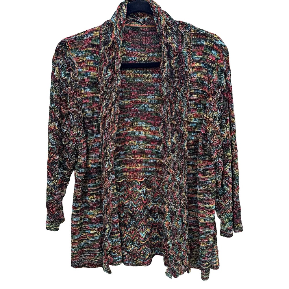 Eclectic Boho Space Dye Open Front Knit Cardigan Shawl Collar‎ Chevron Artsy L
